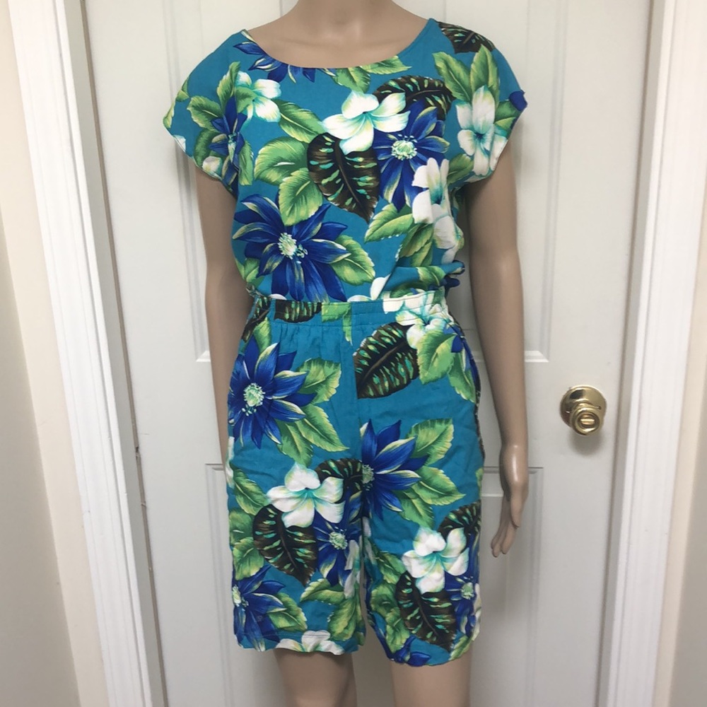 Vintage 80s Blue Hawaiian Print Romper Playsuit Shorts Set 2 Piece Hi Rise Med